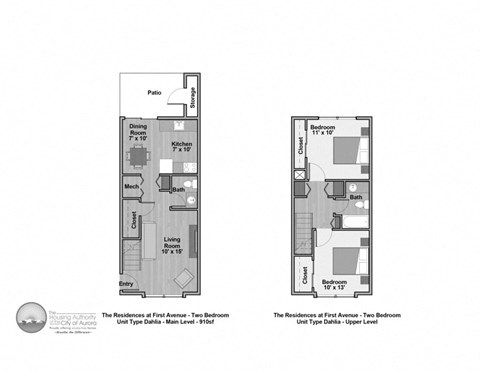 Floor plan for 2 beds, 1.5 baths, 910 sqft